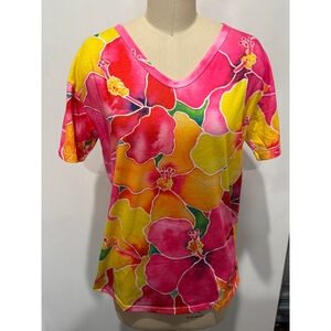 Women's Unbranded Short Sleeve Tee M Pink Yellow tropical Floral